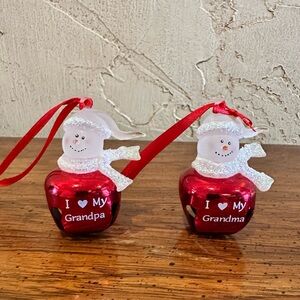 2 Snowman Jingle Bell Christmas Ornaments I Love My Grandpa & I Love My Grandma